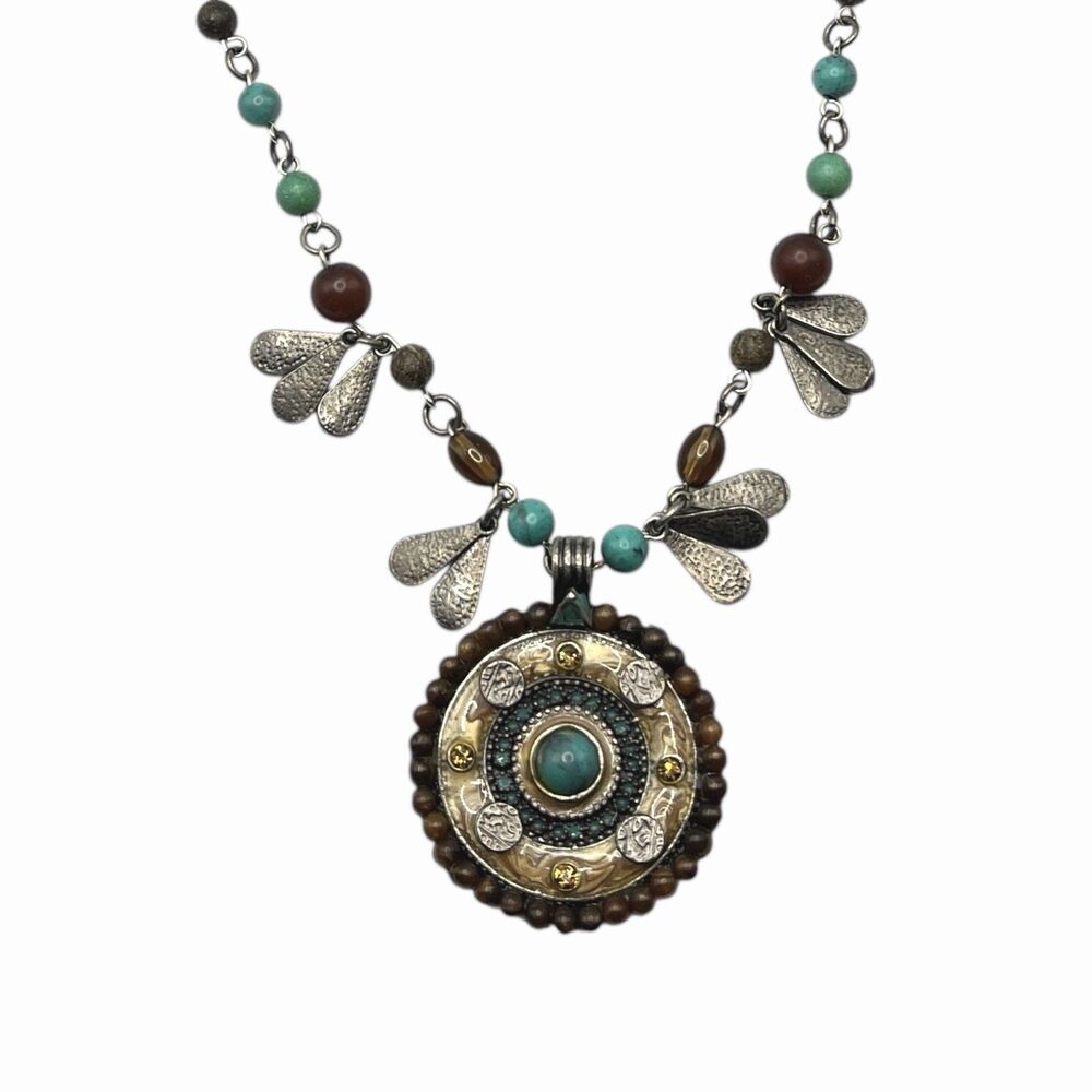 Linked Bead Pendant Necklace Antiqued Silver Tone Boho Hippie Southwestern VTG